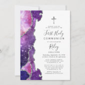 Sterke Blauwe Roze Agaat Zilver Eerste Heilige Com Kaart (Voorkant)