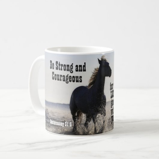 Sterke en moedige bijbel Verse Deut 31-paarden zij Koffiemok (Voorkant links)