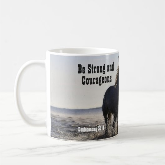 Sterke en moedige bijbel Verse Deut 31-paarden zij Koffiemok (Links)