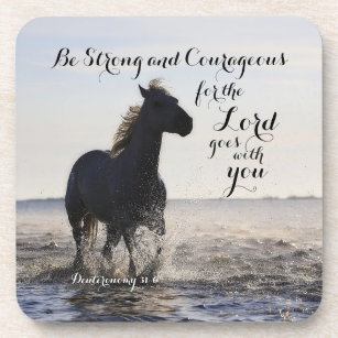 Sterke en moedige bijbel Verse Deut 31-paarden zij Onderzetter