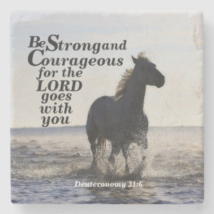 Sterke en moedige bijbel Verse Deut 31-paarden zij Stenen Onderzetter