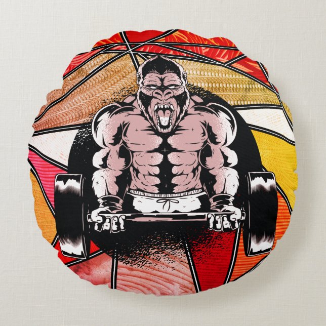 Sterke Gorilla pompt spieren door Barbell Design Rond Kussen (Voorkant)