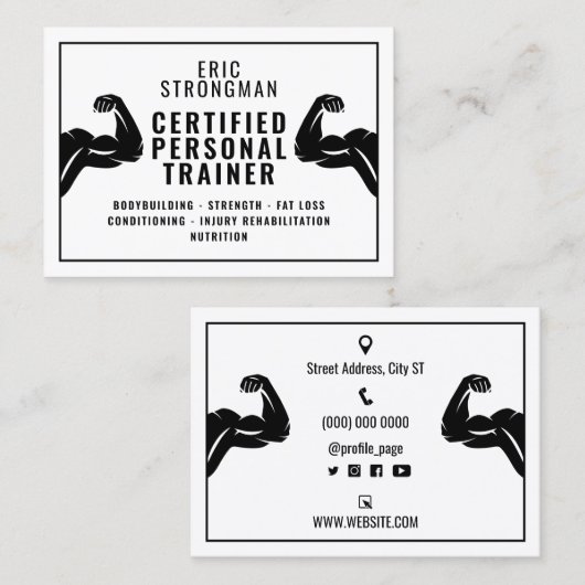 Sterke minimalistische fitnesstrainer visitekaartje (Voorkant / Achterkant)