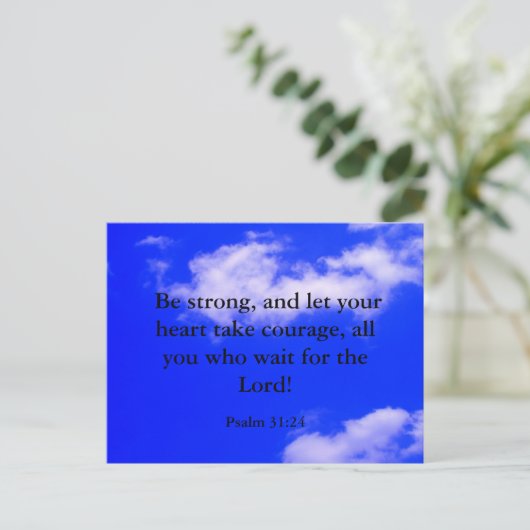 Sterke moed Bijbelvers blauwe lucht witte wolken Briefkaart (Staand voorkant)