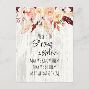 Sterke Vrouwen Boho Roze Bloemige Veer Hout Effect Briefkaart
