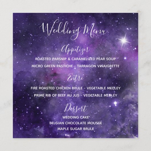 Sterlicht Paarse bruiloft receptie Menu (Achterkant)