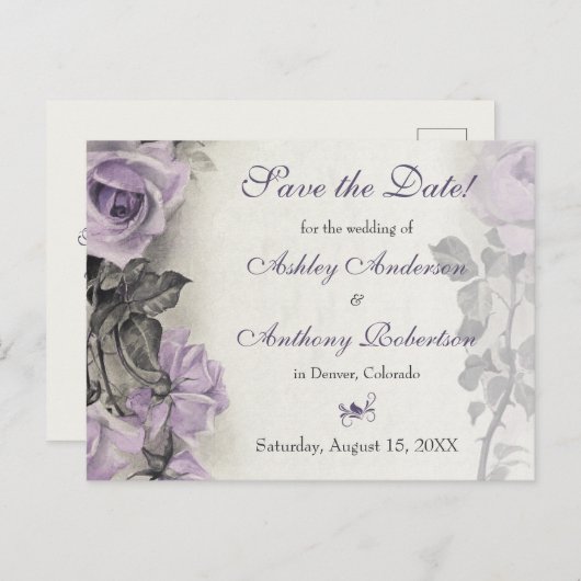 Sterling zilver Paarse Roos bruiloft Save the Date Aankondigingskaart (Voorkant / Achterkant)