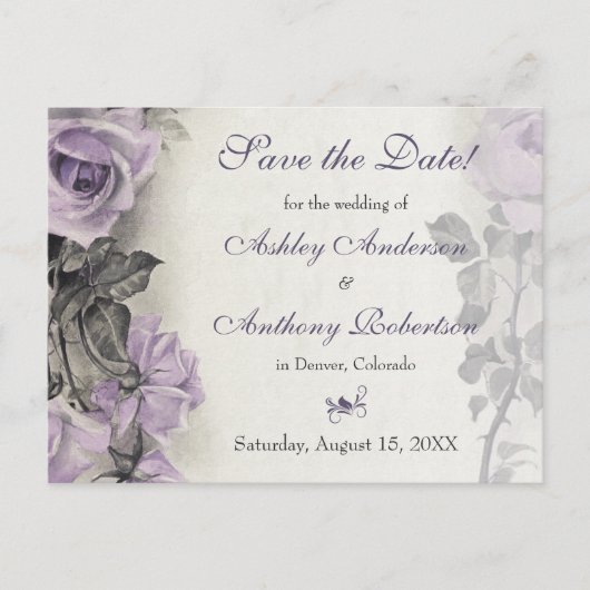 Sterling zilver Paarse Roos bruiloft Save the Date Aankondigingskaart (Voorkant)
