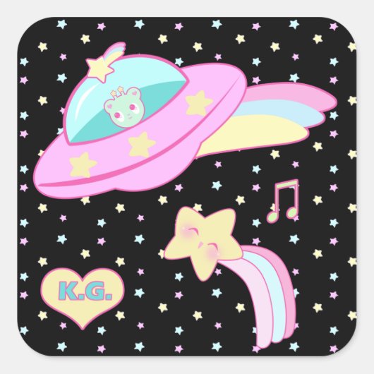 Sterren Alien Space Ship Vierkante Sticker (Voorkant)