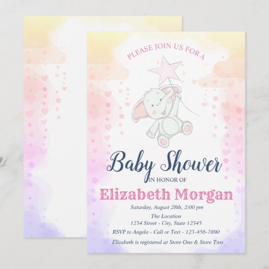 Sterren, babymeisje Elephant Baby shower Kaart (Voorkant / Achterkant)