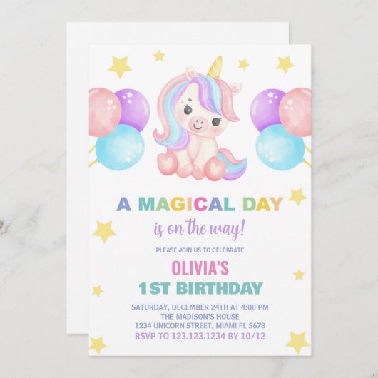 Sterren Ballons Unicorn Verjaardag Uitnodigingen (Voorkant / Achterkant)