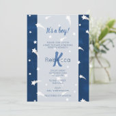 Sterren Blauwe Aquarel Monogram Baby Shower Jongen Kaart (Staand voorkant)