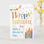 Sterren, Bunting, Kaarsen voor een zoon Verjaardag Kaart (Gele Bloem)