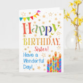 Sterren, Bunting, Kaarsen voor Zuster Verjaardag Kaart (Gele Bloem)