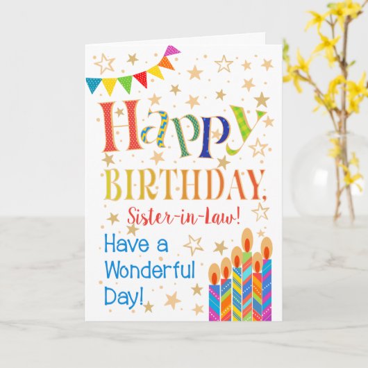 Sterren, Bunting, Kaarsen Zuster-in-Law Verjaardag Kaart (Gele Bloem)