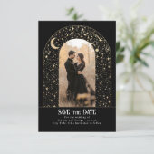 Sterren Celestial Arch Black Save the Date Foto (Staand voorkant)