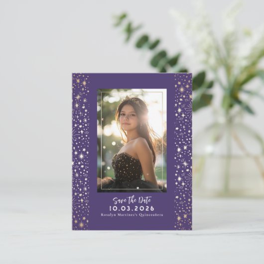 Sterren Celestial QUINCEANERA Sla de datum foto op Aankondigingskaart (Staand voorkant)
