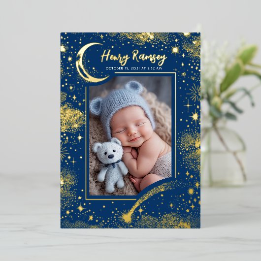 Sterren Celestial Schattige Blauw Pasgeboren Foto' Folie Uitnodiging (Staand Voorkant)