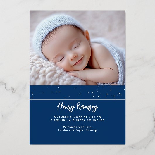 Sterren Celestial Schattige Blauw Pasgeboren Foto' Folie Uitnodiging (Achterkant)