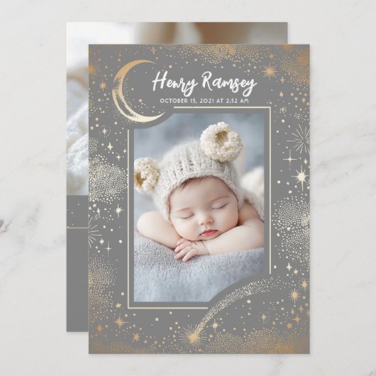 Sterren Celestial Schattige Grey Pasgeboren Foto's Aankondiging (Voorkant / Achterkant)