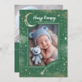 Sterren Celestial Schattige Groene Pasgeboren Foto Aankondiging (Voorkant / Achterkant)