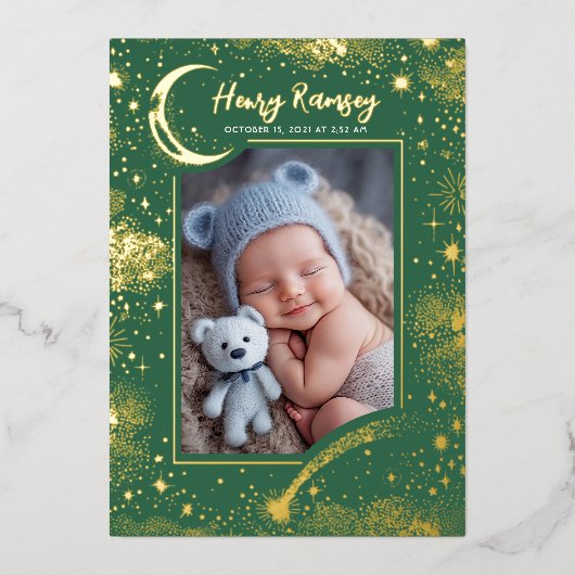 Sterren Celestial Schattige Groene Pasgeboren Foto Folie Uitnodiging (Voorkant)