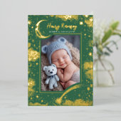 Sterren Celestial Schattige Groene Pasgeboren Foto Folie Uitnodiging (Staand Voorkant)