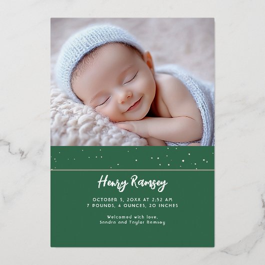 Sterren Celestial Schattige Groene Pasgeboren Foto Folie Uitnodiging (Achterkant)