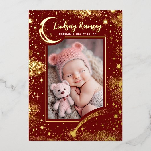 Sterren Celestial Schattige Rode Pasgeboren Foto's Folie Uitnodiging (Voorkant)
