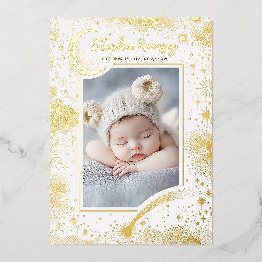 Sterren Celestial Schattige Witte Pasgeboren Foto' Folie Uitnodiging (Voorkant)