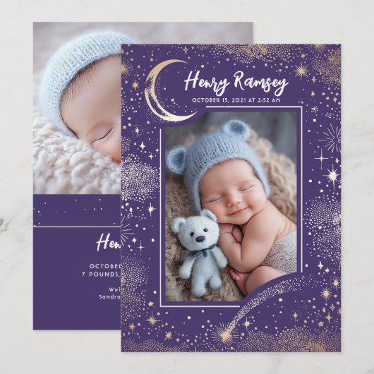 Sterren Celestial Schattigee Paarse Pasgeboren Fot Aankondiging (Voorkant / Achterkant)