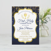 Sterren, Chalice Navy Blue First Heilige Communie Kaart (Staand voorkant)
