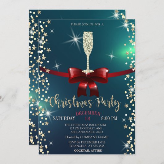 Sterren, Champagne Glass, Red Bow kerstmis Company Kaart (Voorkant / Achterkant)