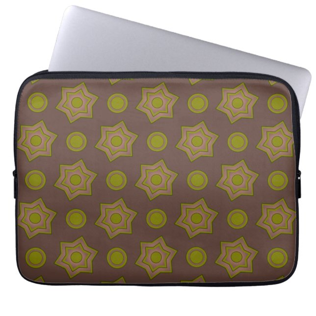 Sterren en cirkels in bruin en groen laptop sleeve (Voorkant)