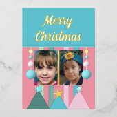 Sterren en kerstballen kerstfoto's roze folie feestdagenkaart (Voorkant)