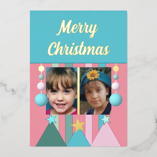 Sterren en kerstballen kerstfoto's roze folie feestdagenkaart (Voorkant)