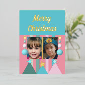 Sterren en kerstballen kerstfoto's roze folie feestdagenkaart (Staand Voorkant)