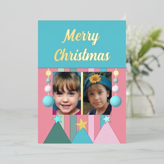 Sterren en kerstballen kerstfoto's roze folie feestdagenkaart (Staand Voorkant)