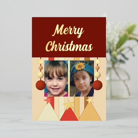 Sterren en kerstballen Kerstmis foto's bordeauxroo Folie Feestdagenkaart (Staand Voorkant)