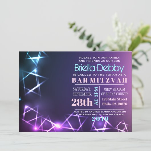 STERREN EN LICHTEN Bar Bat Mitzvah Uitnodiging (Staand voorkant)