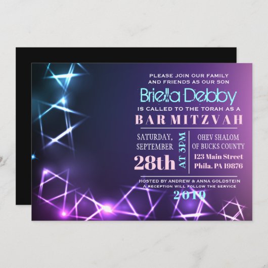 STERREN EN LICHTEN Bar Bat Mitzvah Uitnodiging (Voorkant / Achterkant)