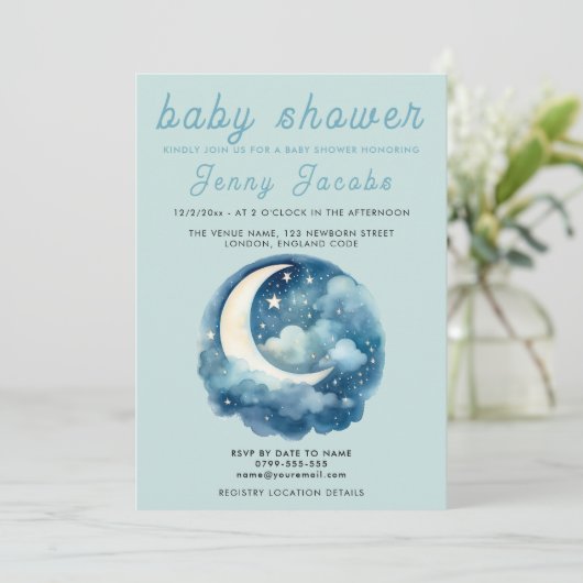 Sterren en maan dromerige baby shower uitnodiging (Staand voorkant)