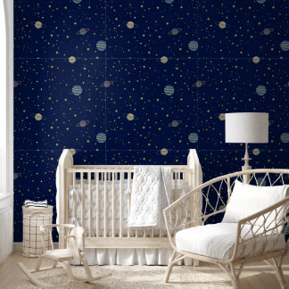 Sterren en planeten op blauw behang