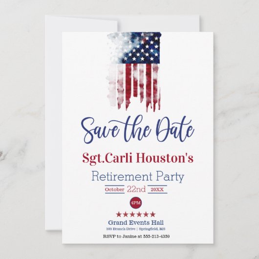 Sterren en strepen Bewaar de datum Pensioen Partij Kaart (Voorkant)