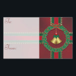 Sterren en strepen Christmas Gift Label Stickers<br><div class="desc">Golden klokken hangen in het midden van een holly poot van donkere bladeren en rode gemalen voor bessen,  doorgesneden door rode en groene linten met gouden sterren. Zoals een kerstcadeau dat in donkerrood is gewikkeld en met felgestreept linten is verbonden.</div>