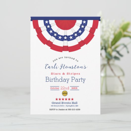 Sterren en strepen Uitnodiging voor verjaardagsfee (Staand voorkant)