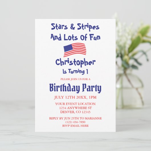 Sterren en stripes 1e verjaardag kaart (Staand voorkant)