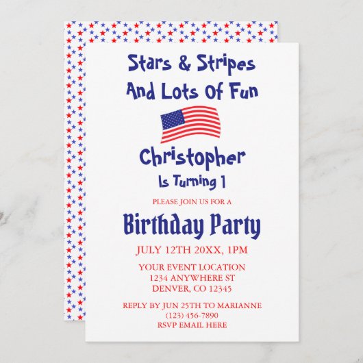 Sterren en stripes 1e verjaardag kaart (Voorkant / Achterkant)