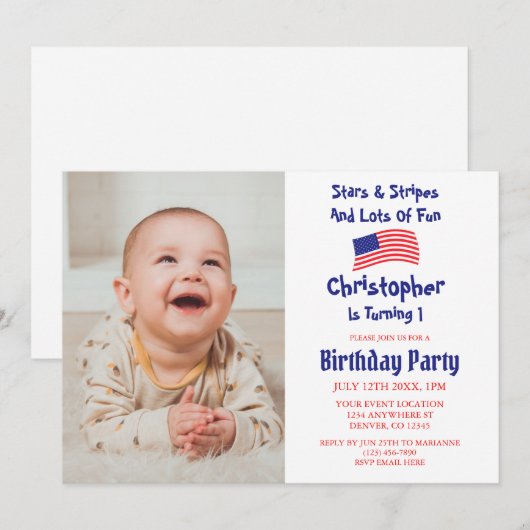 Sterren en stripes 1e verjaardag kaart (Voorkant / Achterkant)