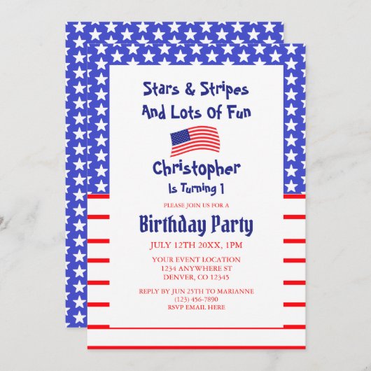 Sterren en stripes 1e verjaardag kaart (Voorkant / Achterkant)